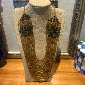Vintage Artisan Gold Black Graduated 25 Strand SeedBead Necklace  Estate Find